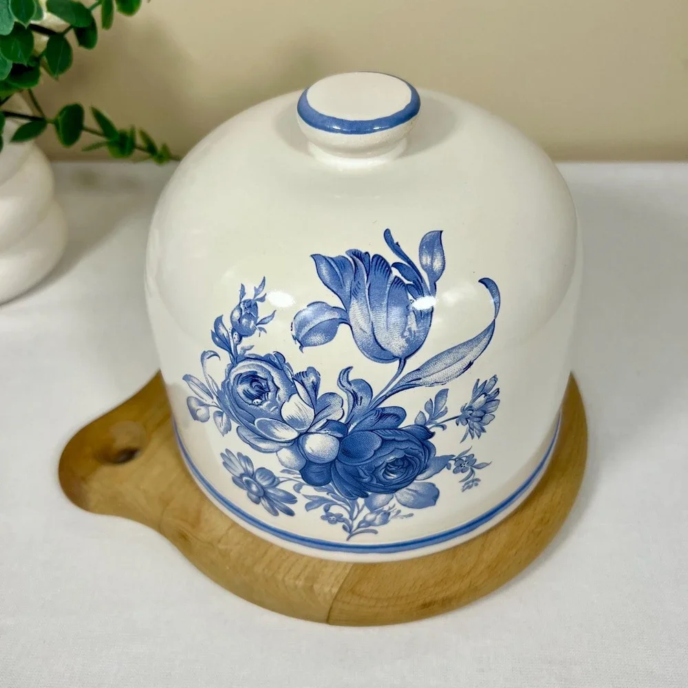 Vintage Porcelain Floral Cheese Ball Cover w/ Wood Base